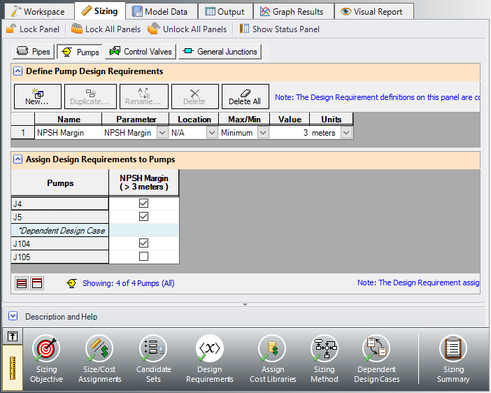 The Pump Design Requirements for the dependent design case.